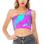 Purple And Teal Buddha Print One Shoulder Crop Top