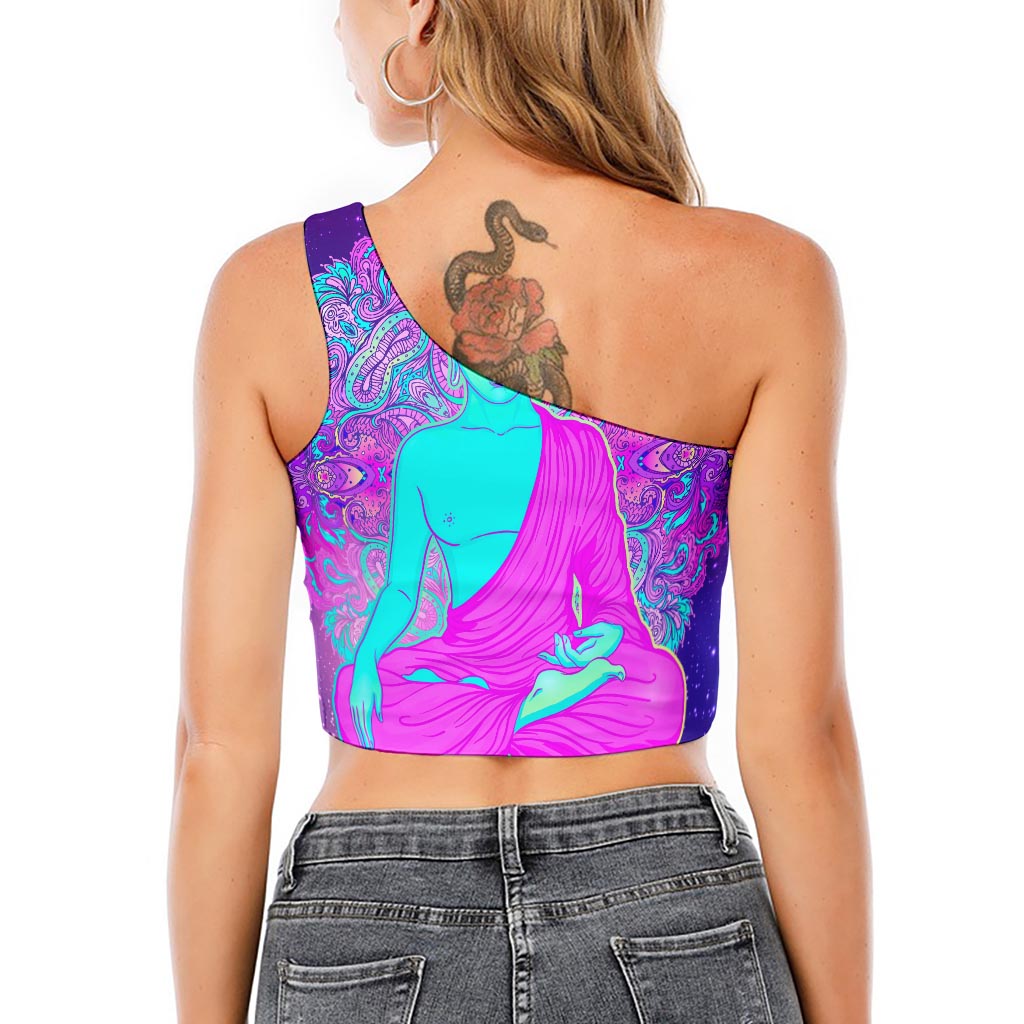 Purple And Teal Buddha Print One Shoulder Crop Top