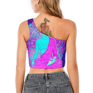 Purple And Teal Buddha Print One Shoulder Crop Top