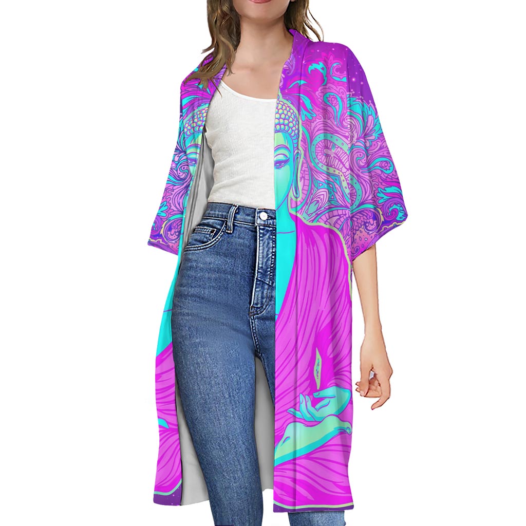 Purple And Teal Buddha Print Open Front Beach Cover Up