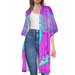 Purple And Teal Buddha Print Open Front Beach Cover Up