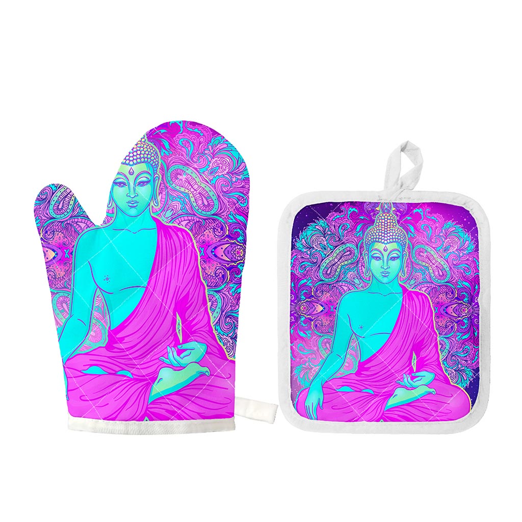 Purple And Teal Buddha Print Oven Mitt And Pot Holder Set