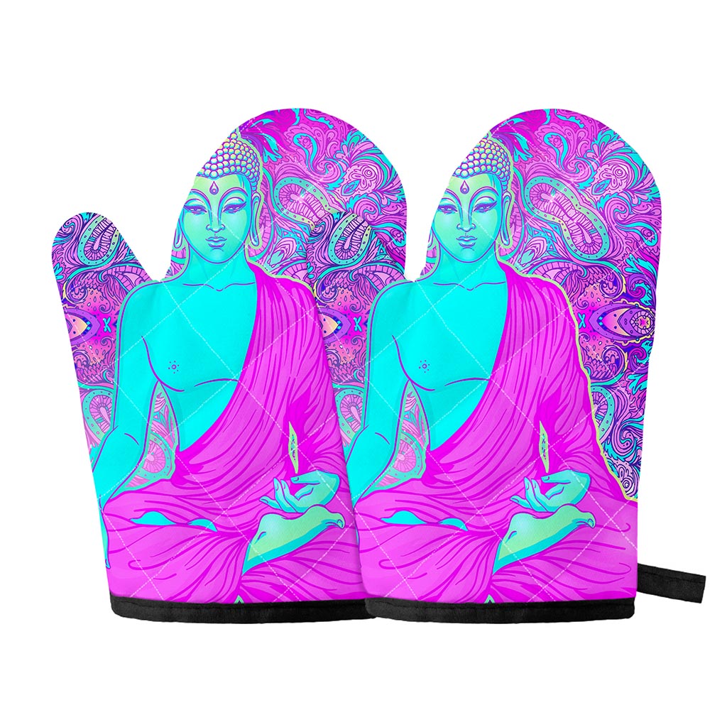 Purple And Teal Buddha Print Oven Mitts