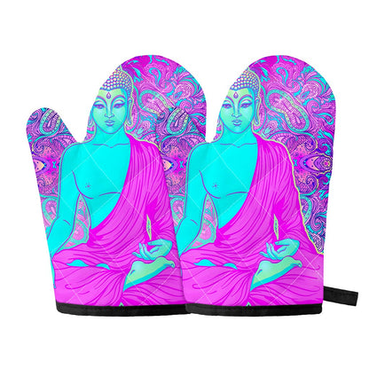 Purple And Teal Buddha Print Oven Mitts