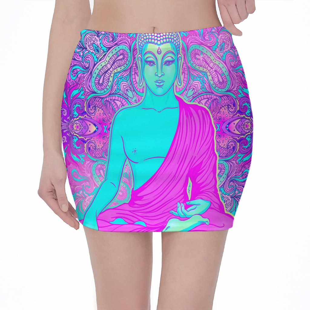 Purple And Teal Buddha Print Pencil Mini Skirt