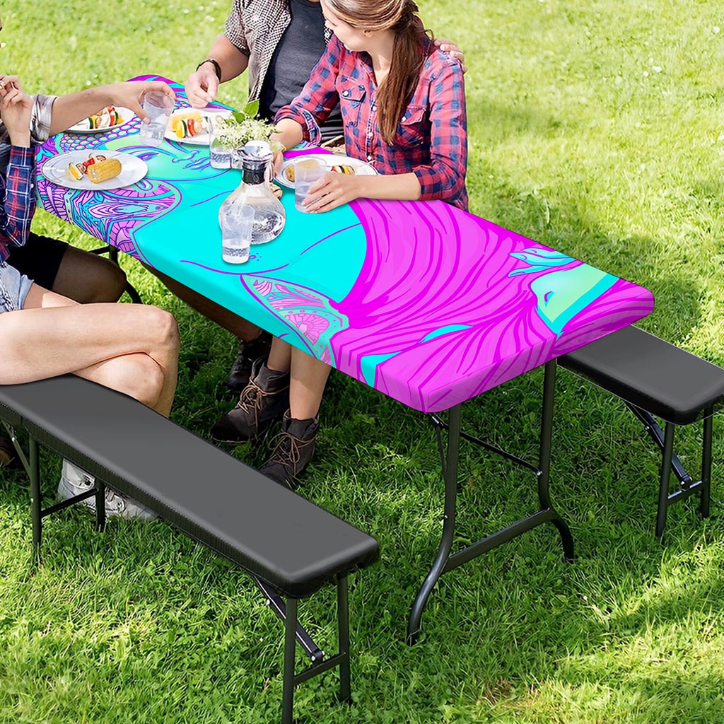 Purple And Teal Buddha Print Picnic Table Cover