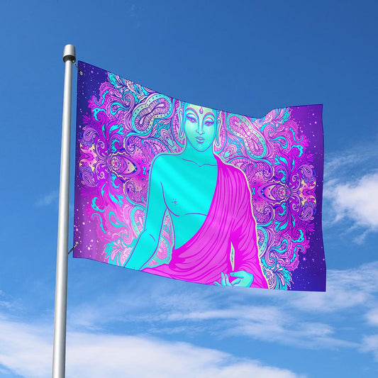 Purple And Teal Buddha Print Polyester Flag