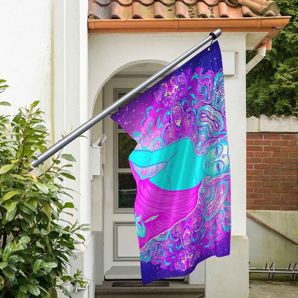 Purple And Teal Buddha Print Polyester Flag