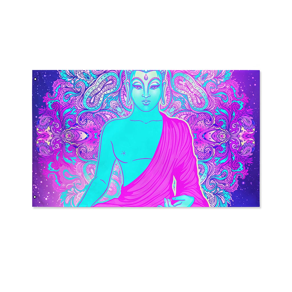 Purple And Teal Buddha Print Polyester Flag