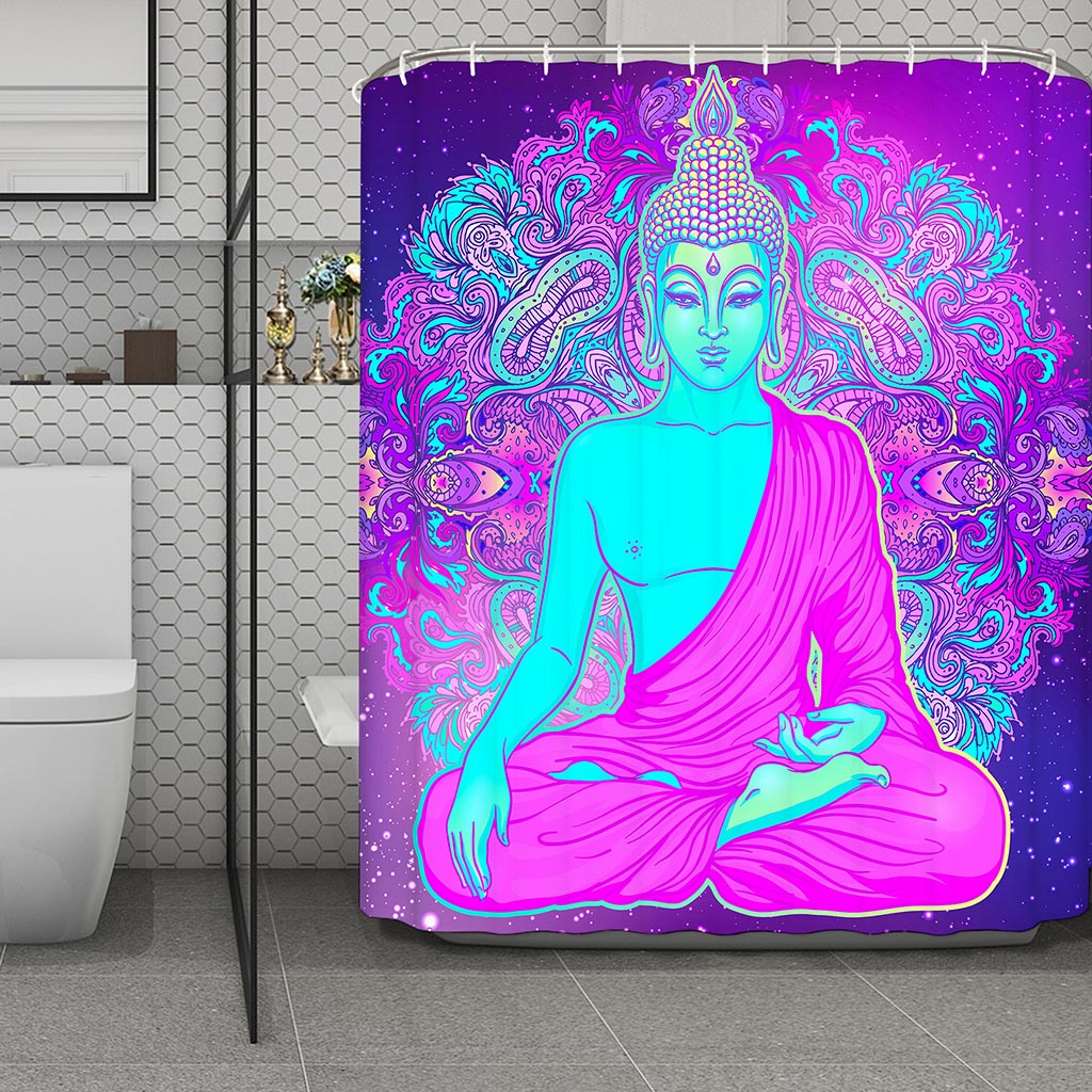 Purple And Teal Buddha Print Polyester Shower Curtain