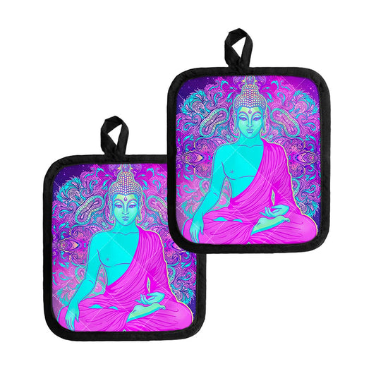 Purple And Teal Buddha Print Pot Holders