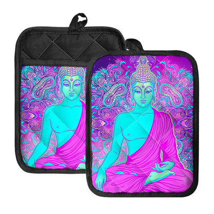 Purple And Teal Buddha Print Pot Holders With Pocket