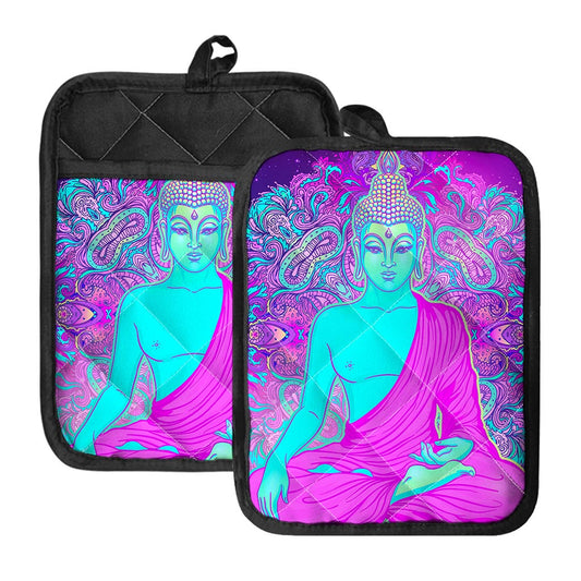 Purple And Teal Buddha Print Pot Holders With Pocket