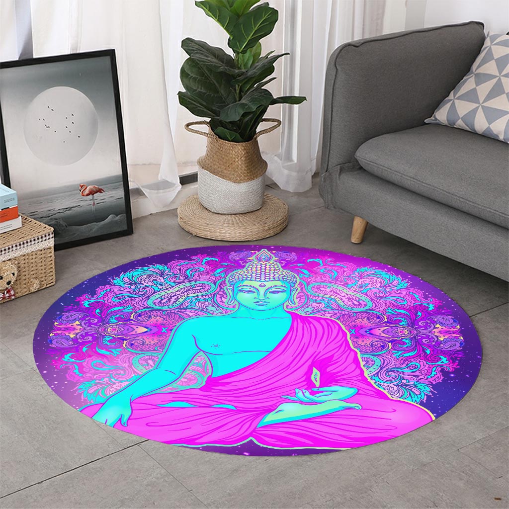 Purple And Teal Buddha Print Round Rug