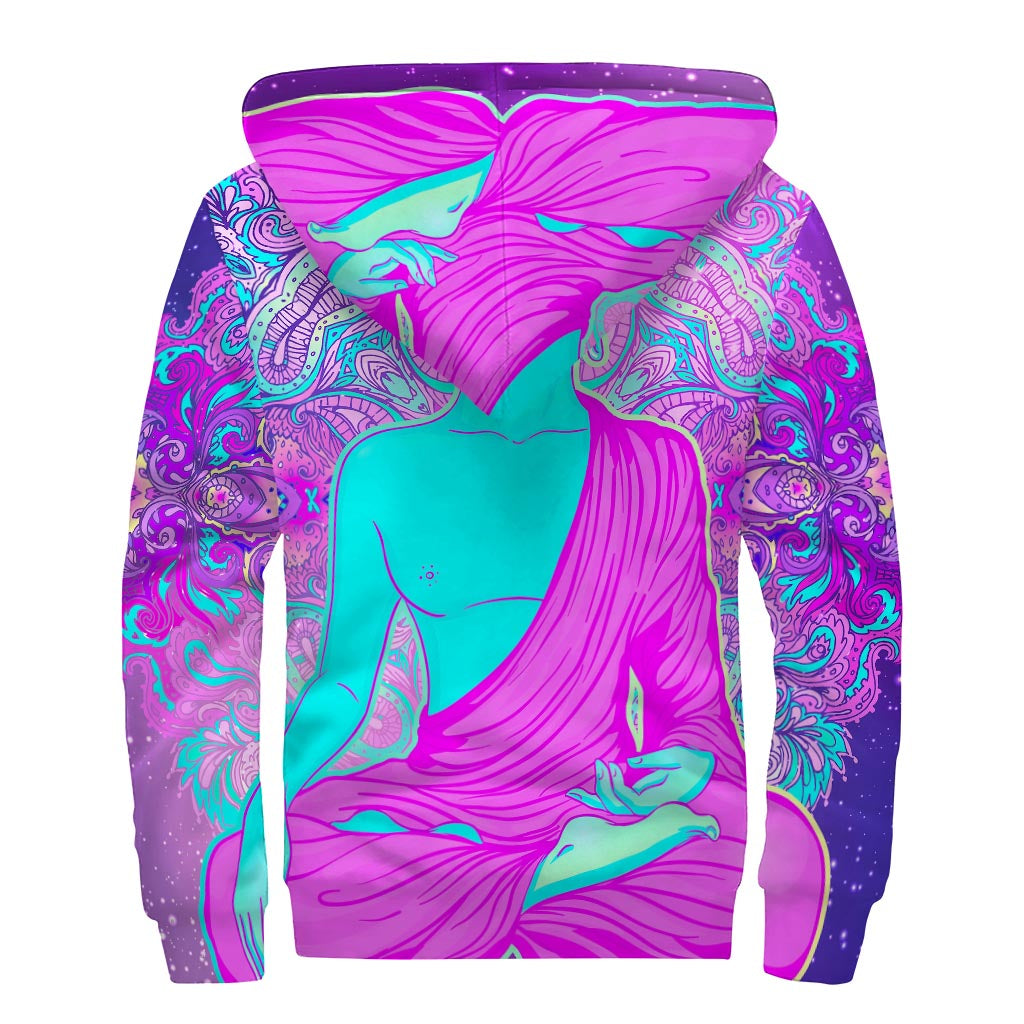 Purple And Teal Buddha Print Sherpa Lined Zip Up Hoodie