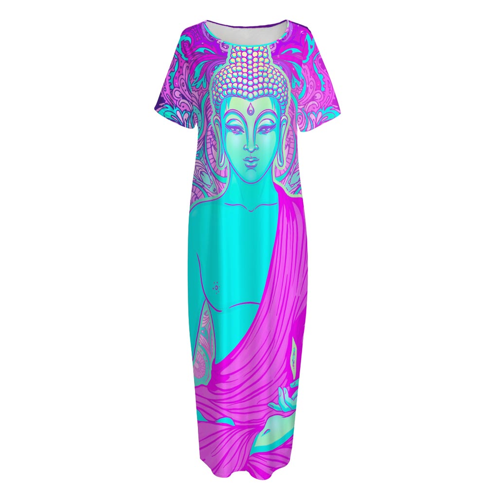 Purple And Teal Buddha Print Short Sleeve Long Nightdress