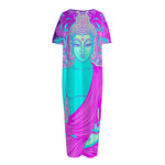 Purple And Teal Buddha Print Short Sleeve Long Nightdress