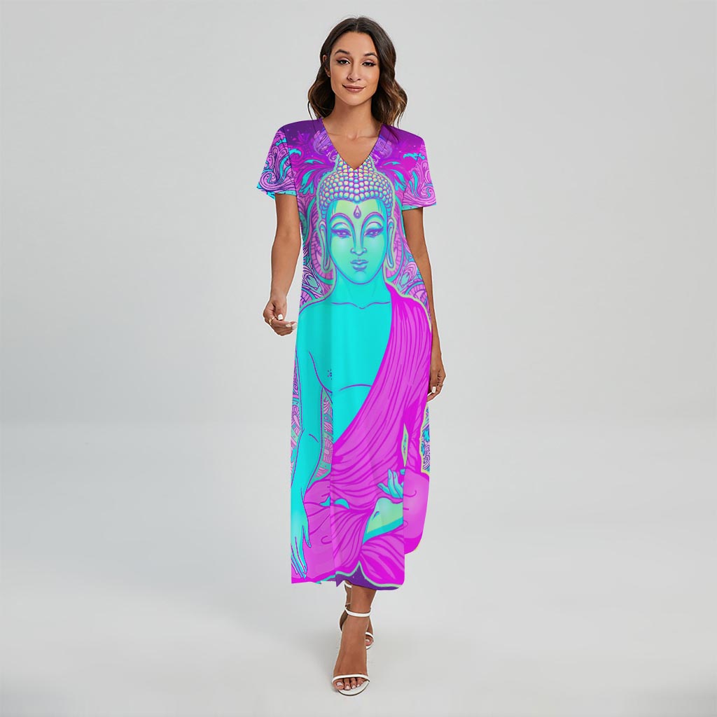 Purple And Teal Buddha Print Short Sleeve Maxi Dress