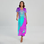 Purple And Teal Buddha Print Short Sleeve Maxi Dress