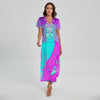 Purple And Teal Buddha Print Short Sleeve Maxi Dress