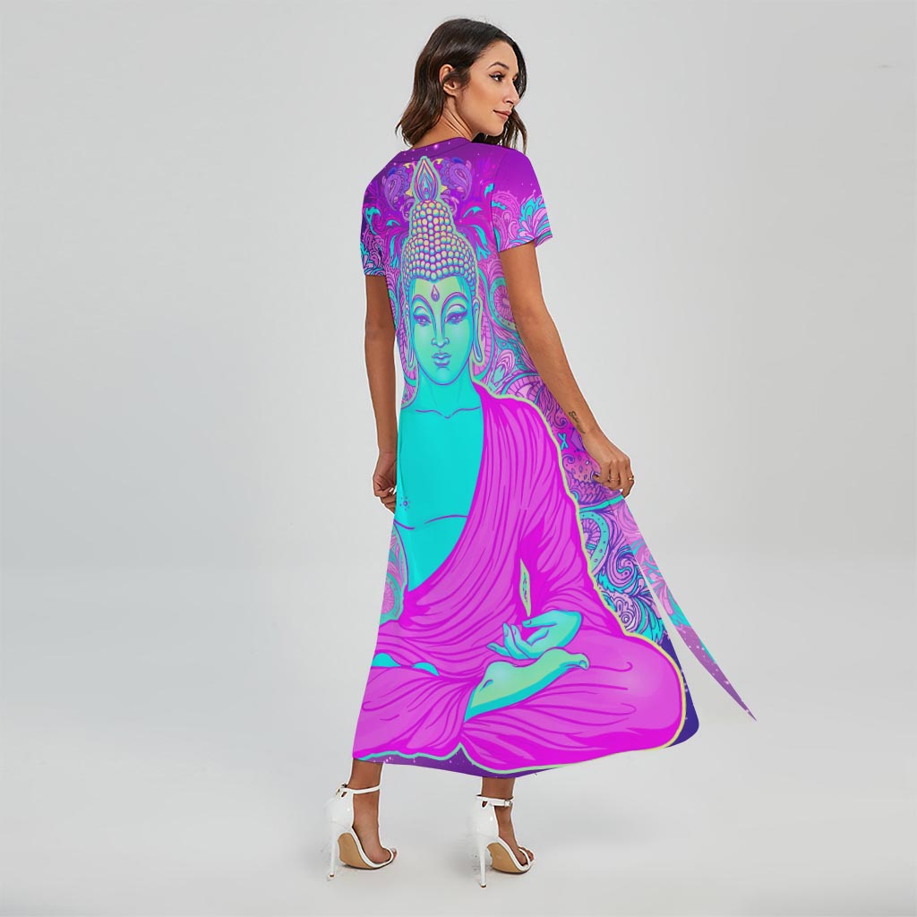 Purple And Teal Buddha Print Short Sleeve Maxi Dress