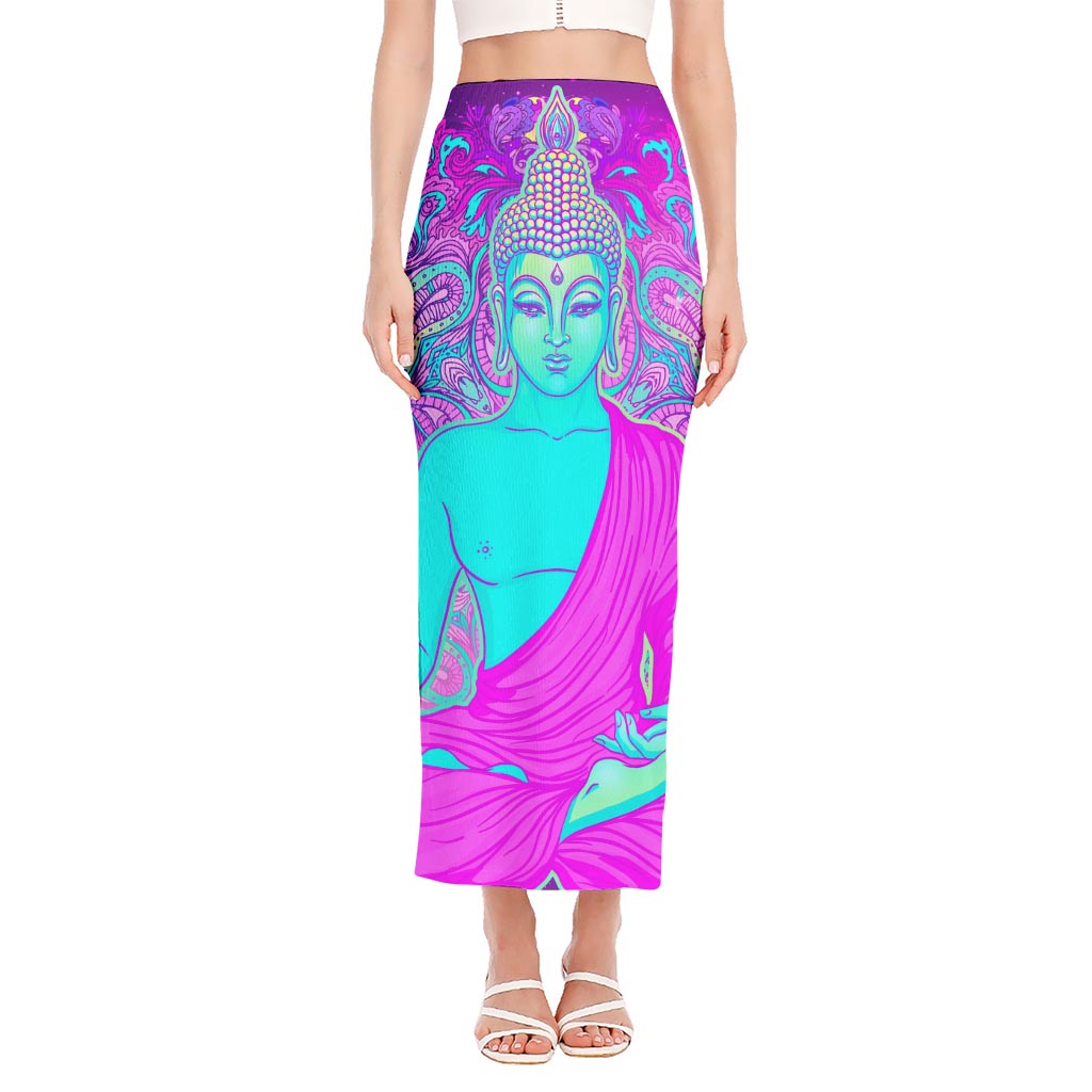 Purple And Teal Buddha Print Side Slit Maxi Skirt