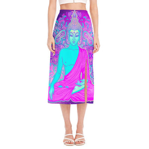 Purple And Teal Buddha Print Side Slit Midi Skirt