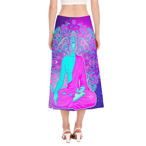 Purple And Teal Buddha Print Side Slit Midi Skirt