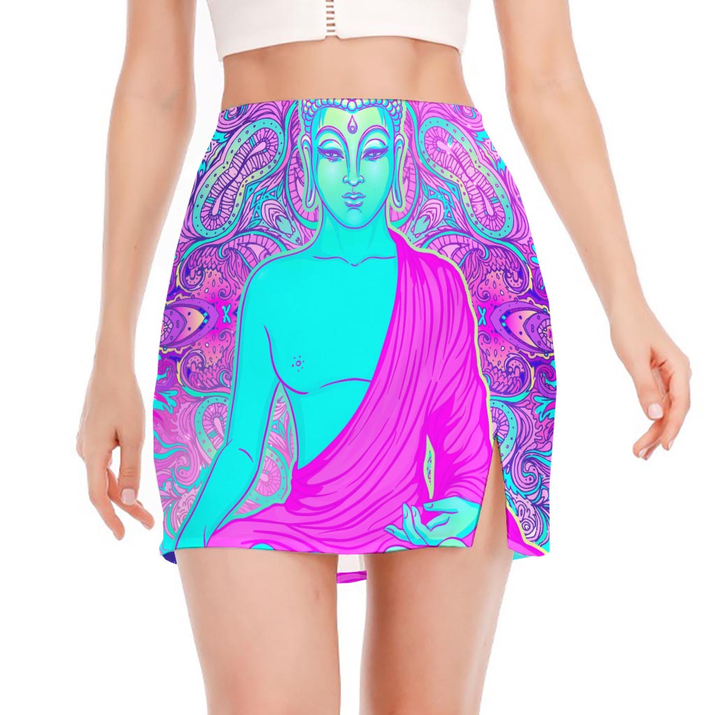 Purple And Teal Buddha Print Side Slit Mini Skirt