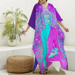 Purple And Teal Buddha Print Silk V-Neck Kaftan Dress