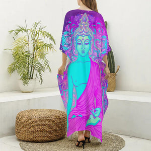 Purple And Teal Buddha Print Silk V-Neck Kaftan Dress