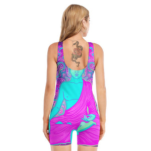 Purple And Teal Buddha Print Sleeveless One Piece Swimsuit