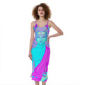 Purple And Teal Buddha Print Slim Fit Midi Cami Dress