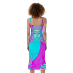 Purple And Teal Buddha Print Slim Fit Midi Cami Dress