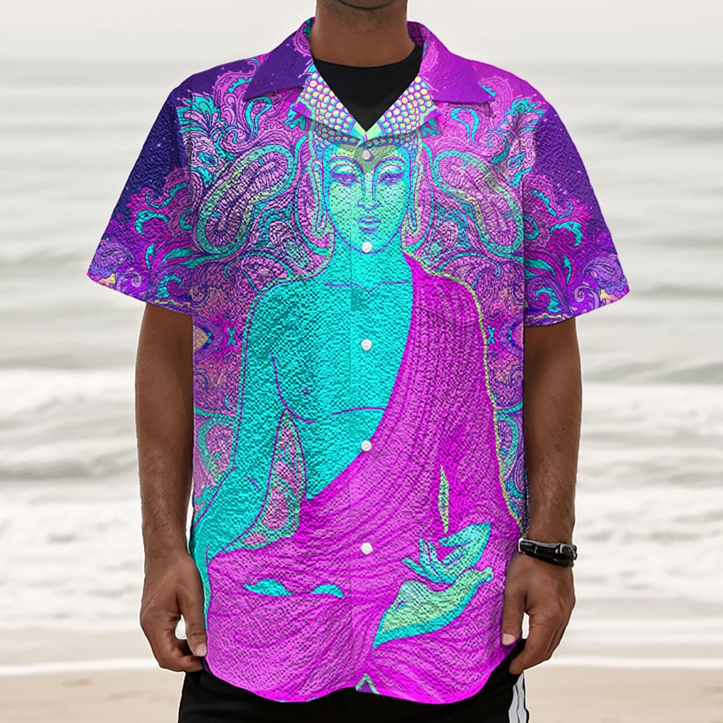 Purple And Teal Buddha Print Textured Short Sleeve Shirt