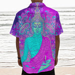 Purple And Teal Buddha Print Textured Short Sleeve Shirt