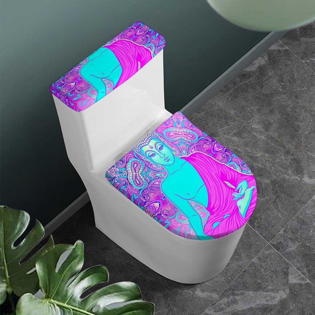 Purple And Teal Buddha Print Toilet Lid And Tank Cover Set