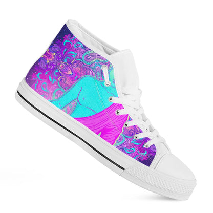 Purple And Teal Buddha Print White High Top Sneakers