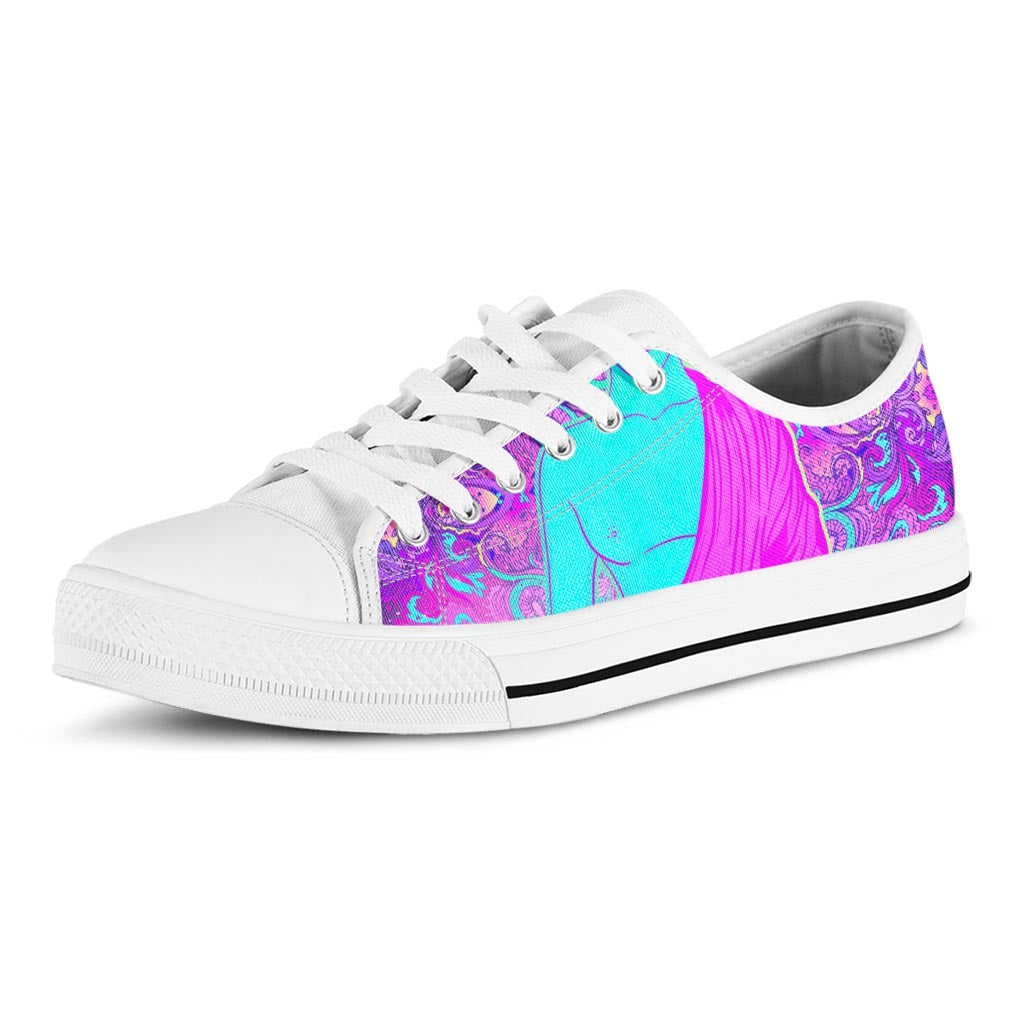 Purple And Teal Buddha Print White Low Top Sneakers