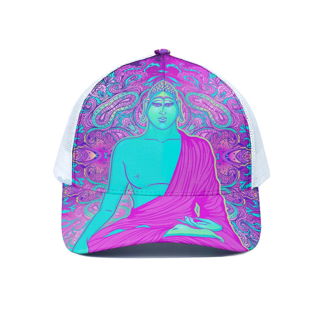 Purple And Teal Buddha Print White Mesh Trucker Cap