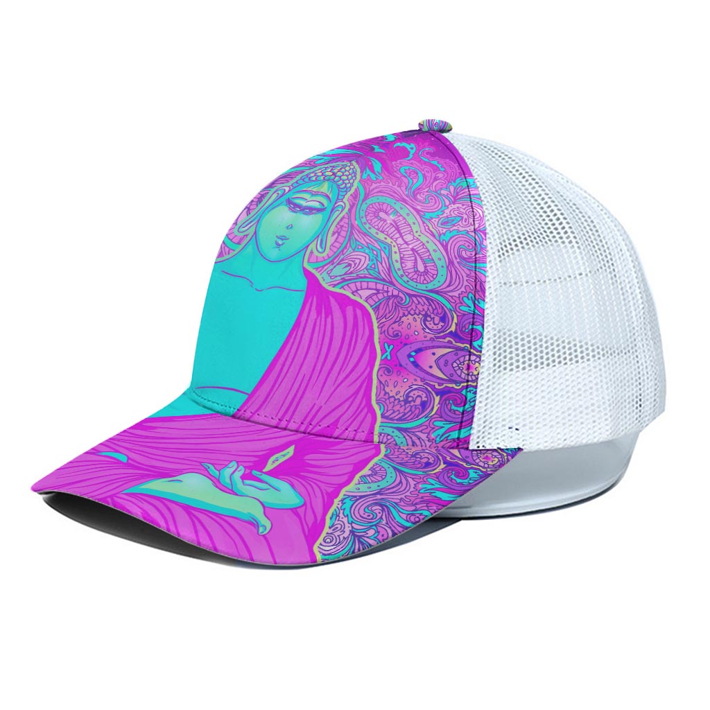 Purple And Teal Buddha Print White Mesh Trucker Cap