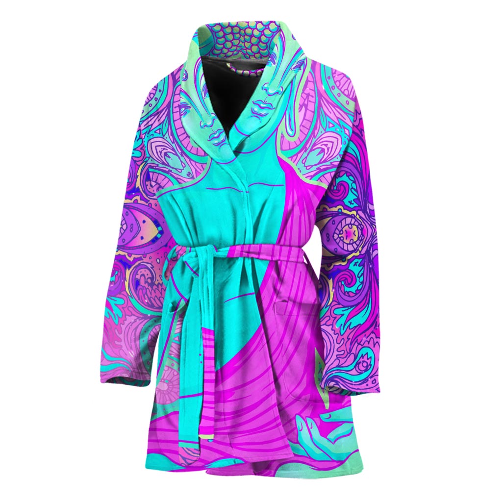 Purple And Teal Buddha Print Women's Bathrobe