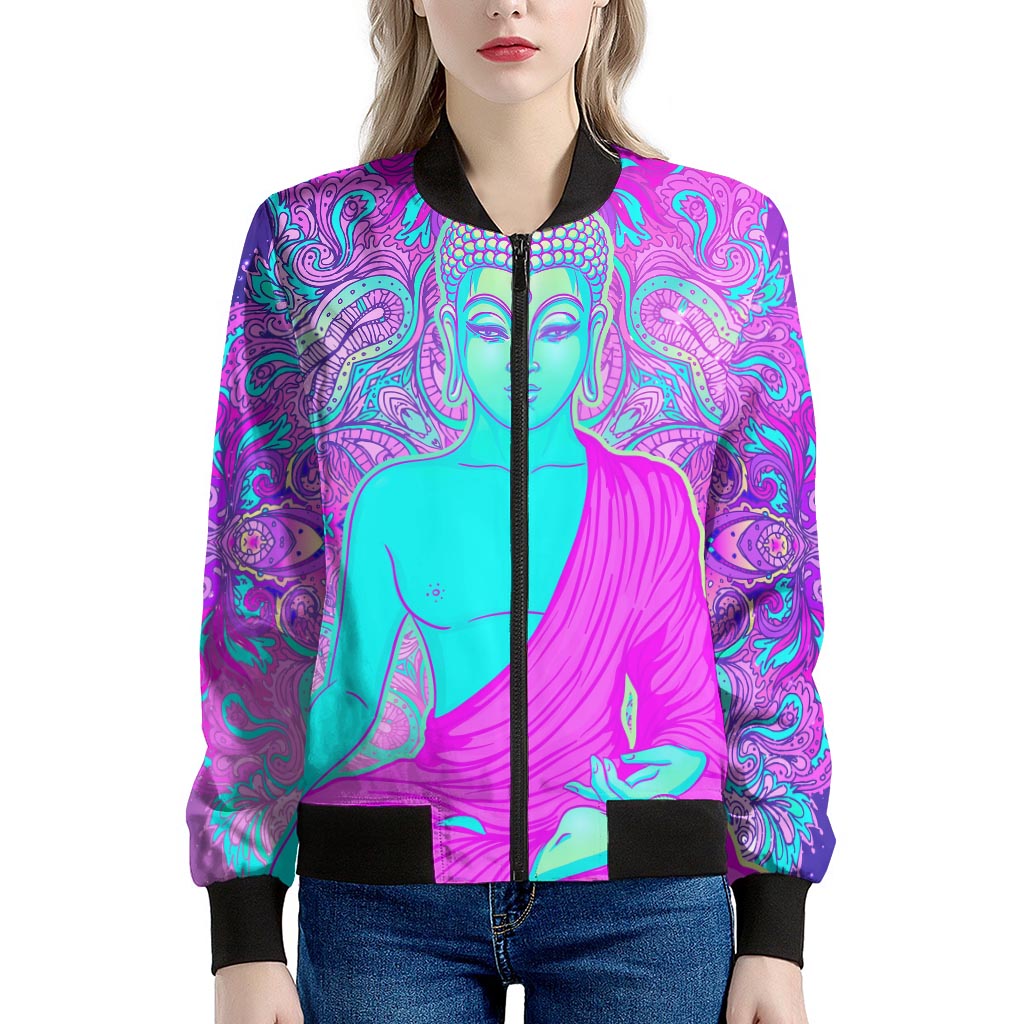 Purple And Teal Buddha Print Women's Bomber Jacket