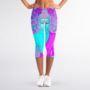 Purple And Teal Buddha Print Women's Capri Leggings