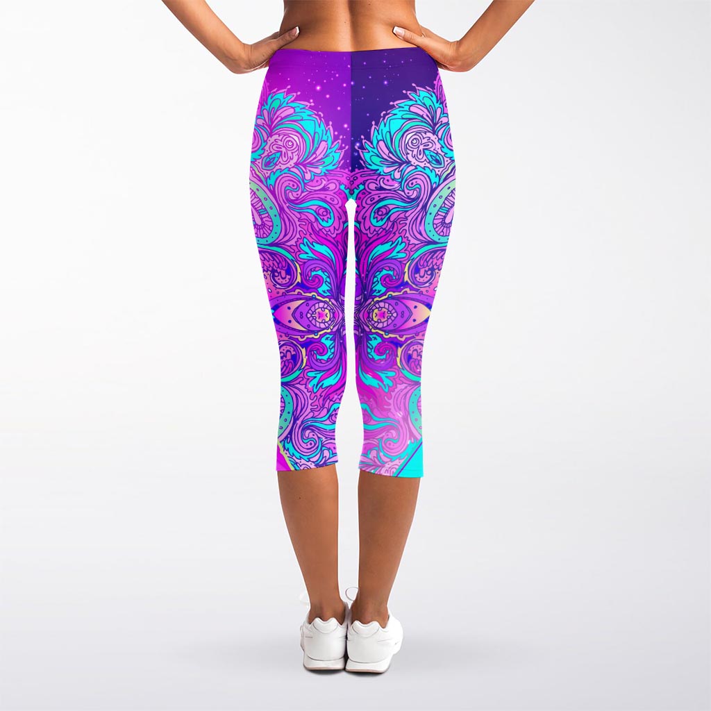 Purple And Teal Buddha Print Women's Capri Leggings