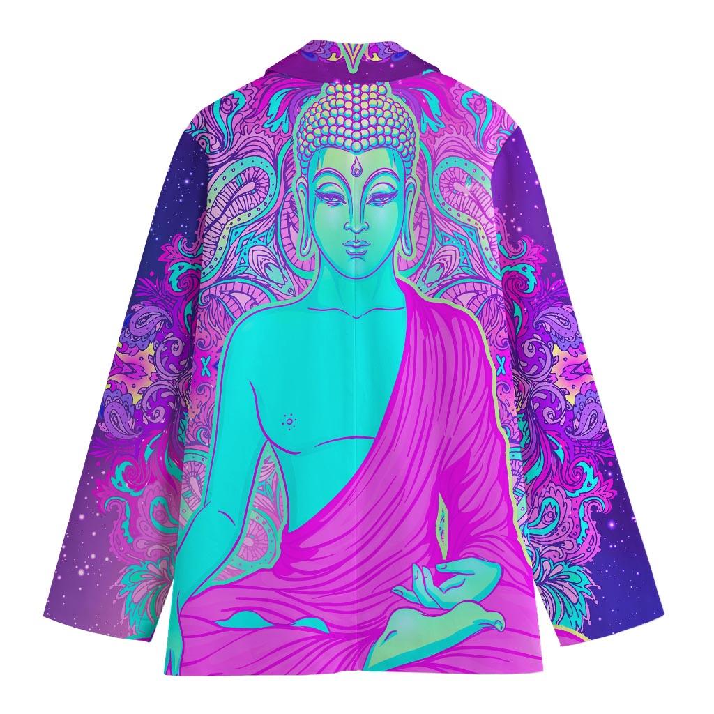 Purple And Teal Buddha Print Women's Cotton Blazer