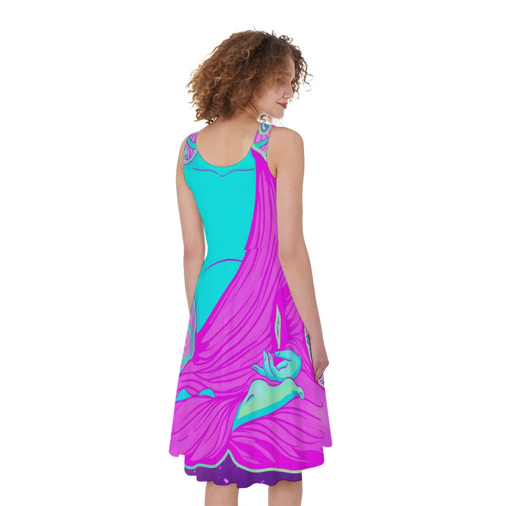 Purple And Teal Buddha Print Women's Sleeveless Dress