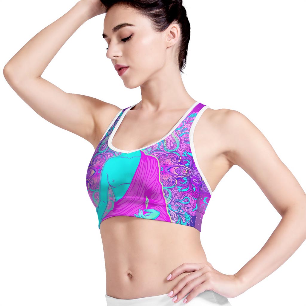 Purple And Teal Buddha Print Women's Sports Bra