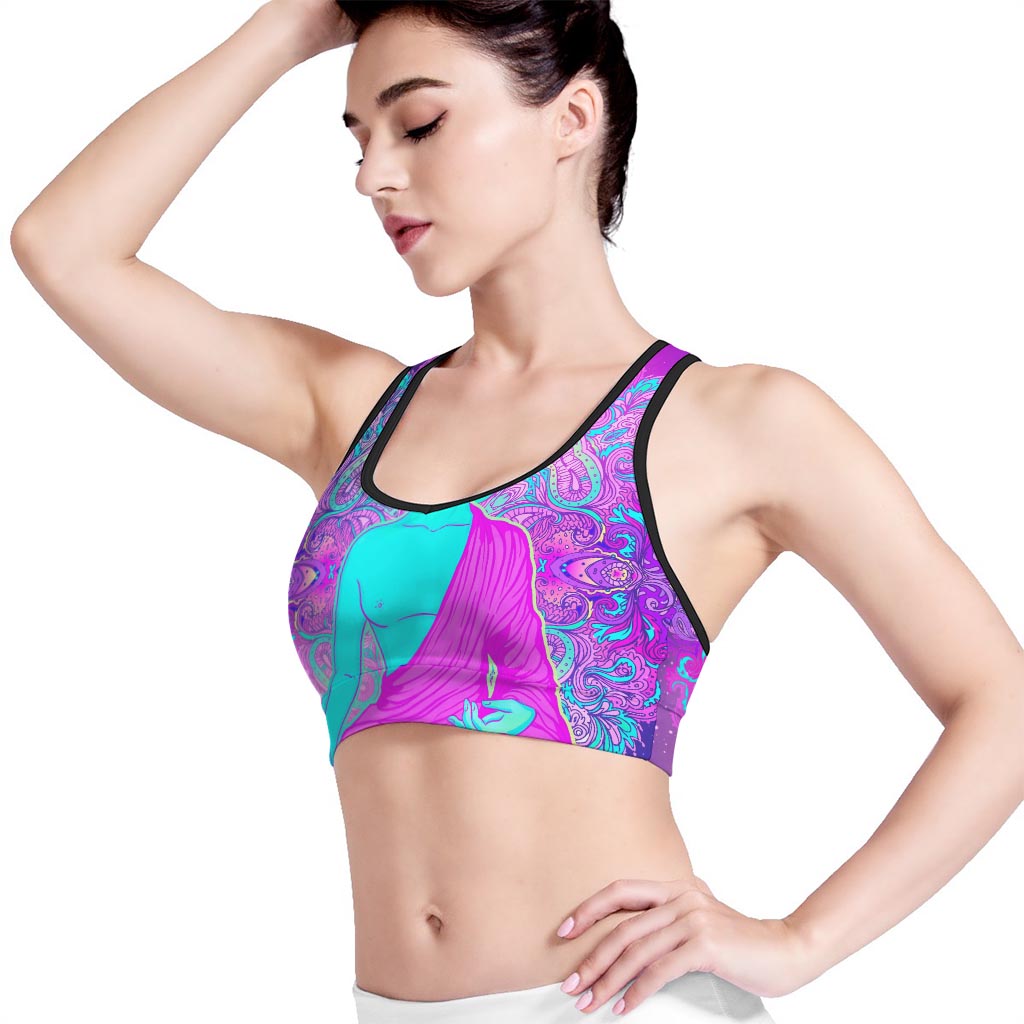 Purple And Teal Buddha Print Women's Sports Bra