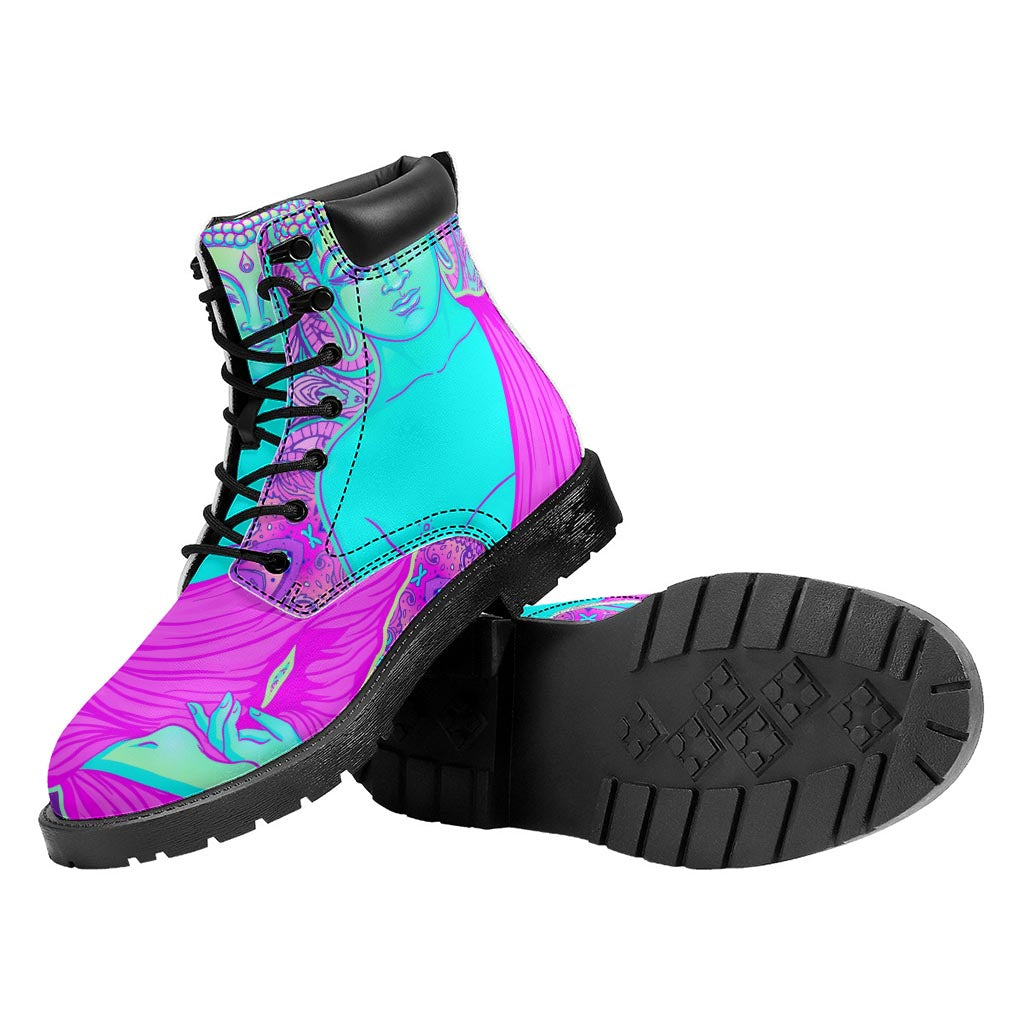 Purple And Teal Buddha Print Work Boots